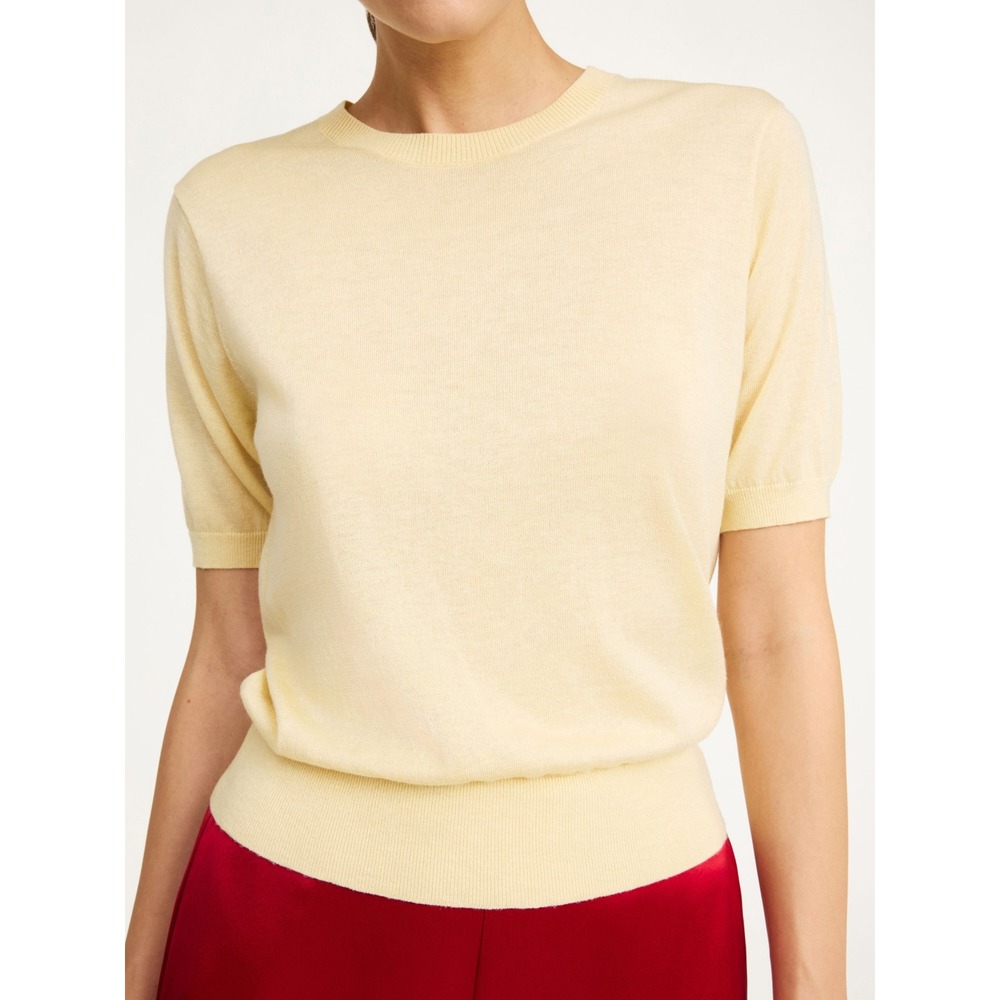 NWT BY MALENE BIRGER Lelle Yellow Knit Short Sleeve Sweater Top Large Silk Blend